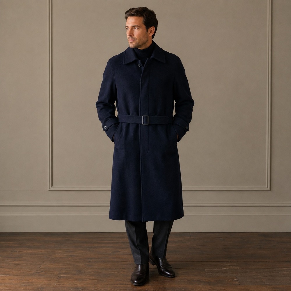 Vintage Nelson Stuart Mens Wool Belted Overcoat 38R Navy Blue Long Coat Trench - Picture 2 of 14